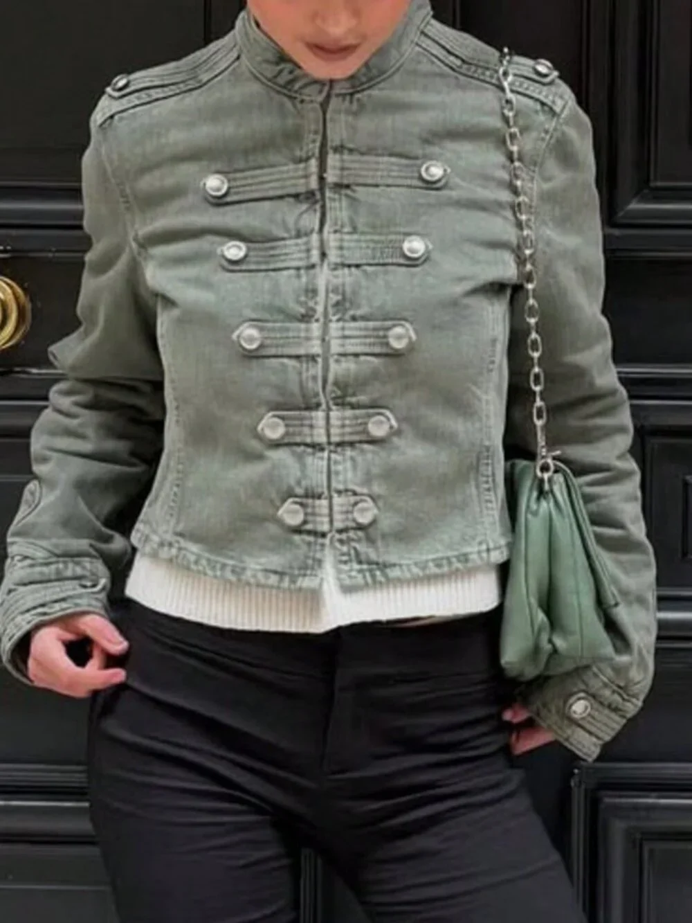 Olive Green Casual Women's Elegant Button Washed Jacket